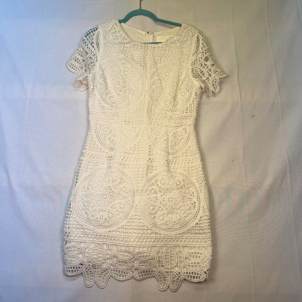 JOA Los Angeles White Guipure Lace Mini Dress Short Sleeve Scalloped Hem XS